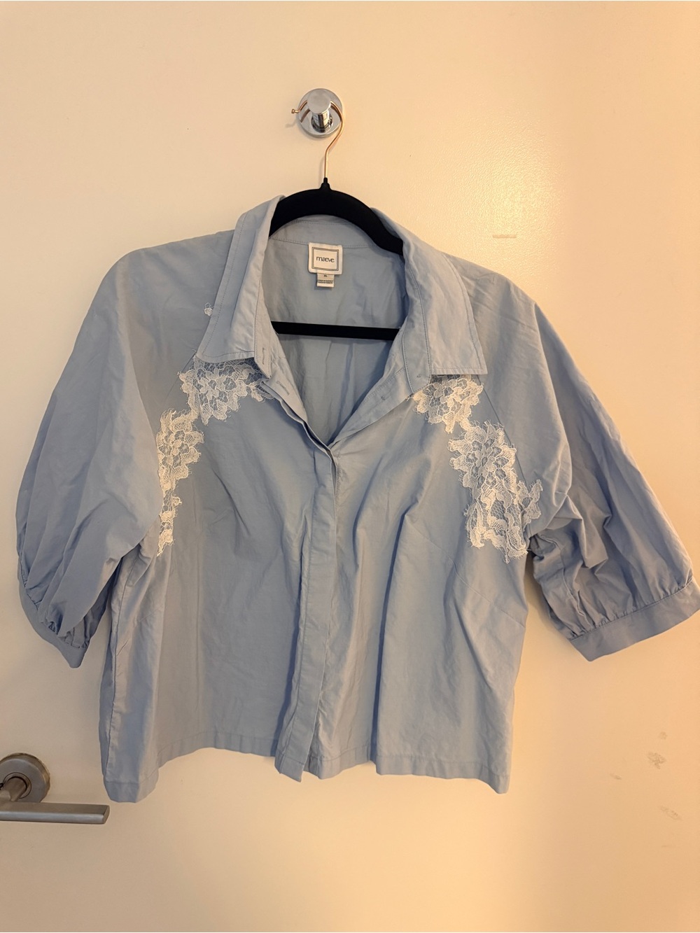 Maeve Light Blue Button-Down Top with White Lace XL